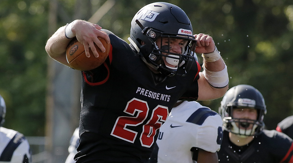 Jordan West celebrates one of his six touchdowns in Washington & Jefferson's win vs. Case Western Reserve. (Washington & Jefferson athletics photo by Martin Santek Photography)